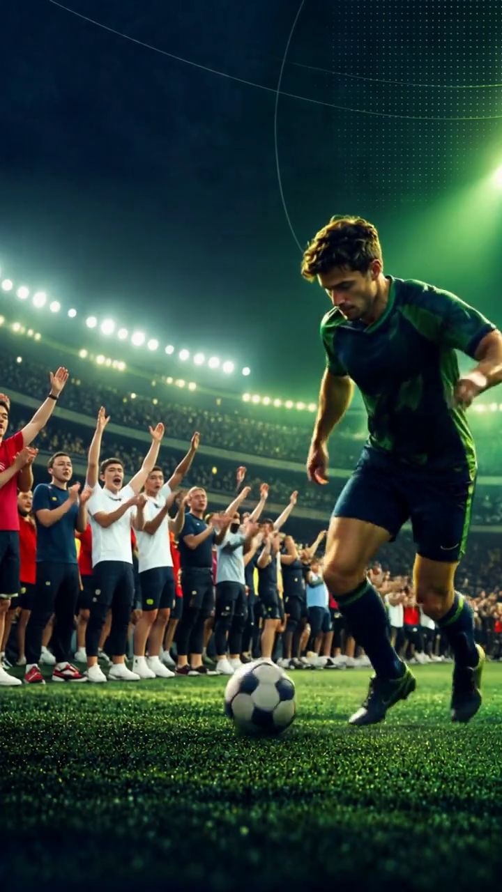 Un giocatore con la maglia verde di FaiSquadra conduce il pallone su un campo illuminato, con i compagni che esultano.